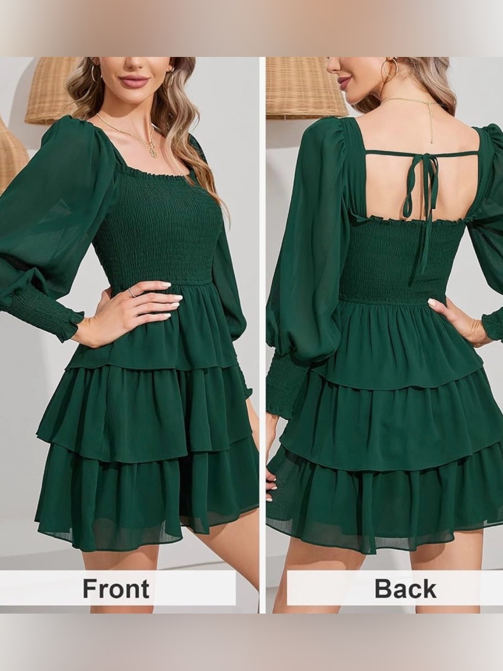 Smocked Tiered Mini Dress in Deep Green